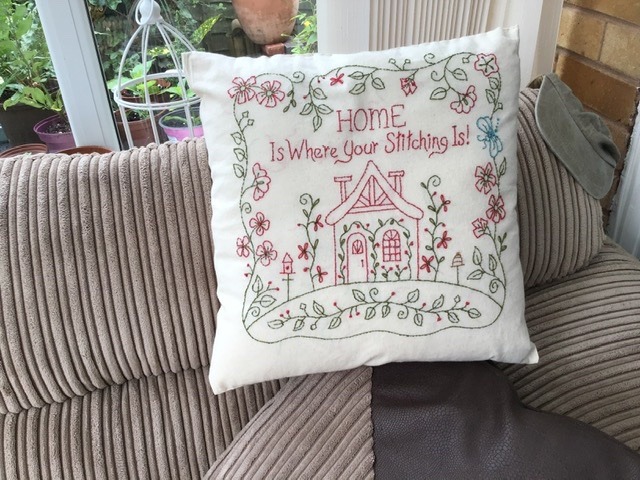 Marg Prosser has finished her very first piece of embroidery and with help from Heather has made it into this lovely cushion.
